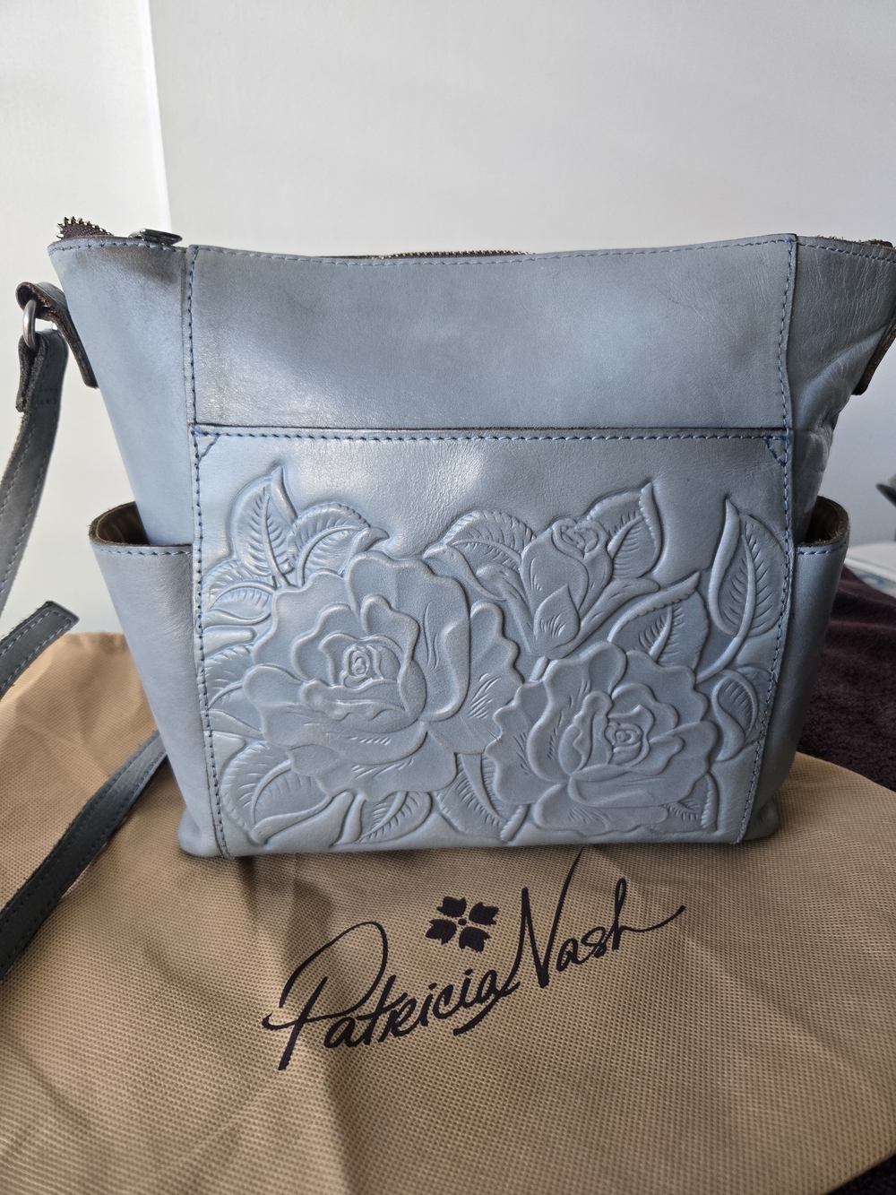 Patricia Nash Aveley Safflower Blue Tooled Floral-Embossed Leather Crossbody Bag